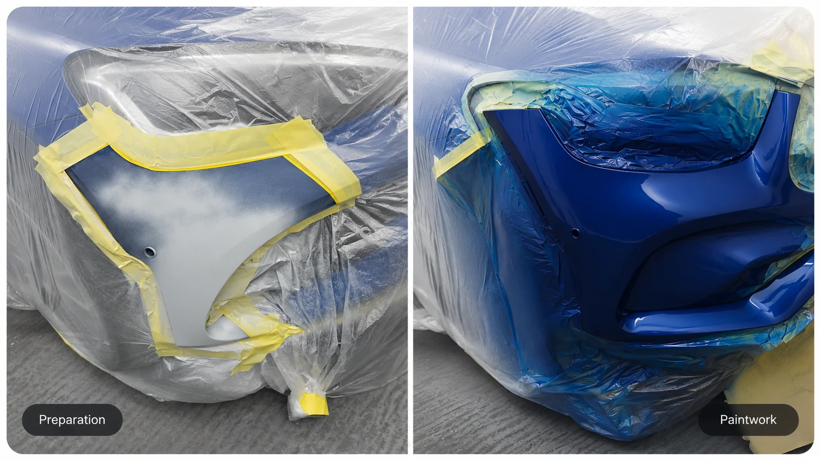 Blue Bumper Repair & Refinish showing preparation and paintwork stages
