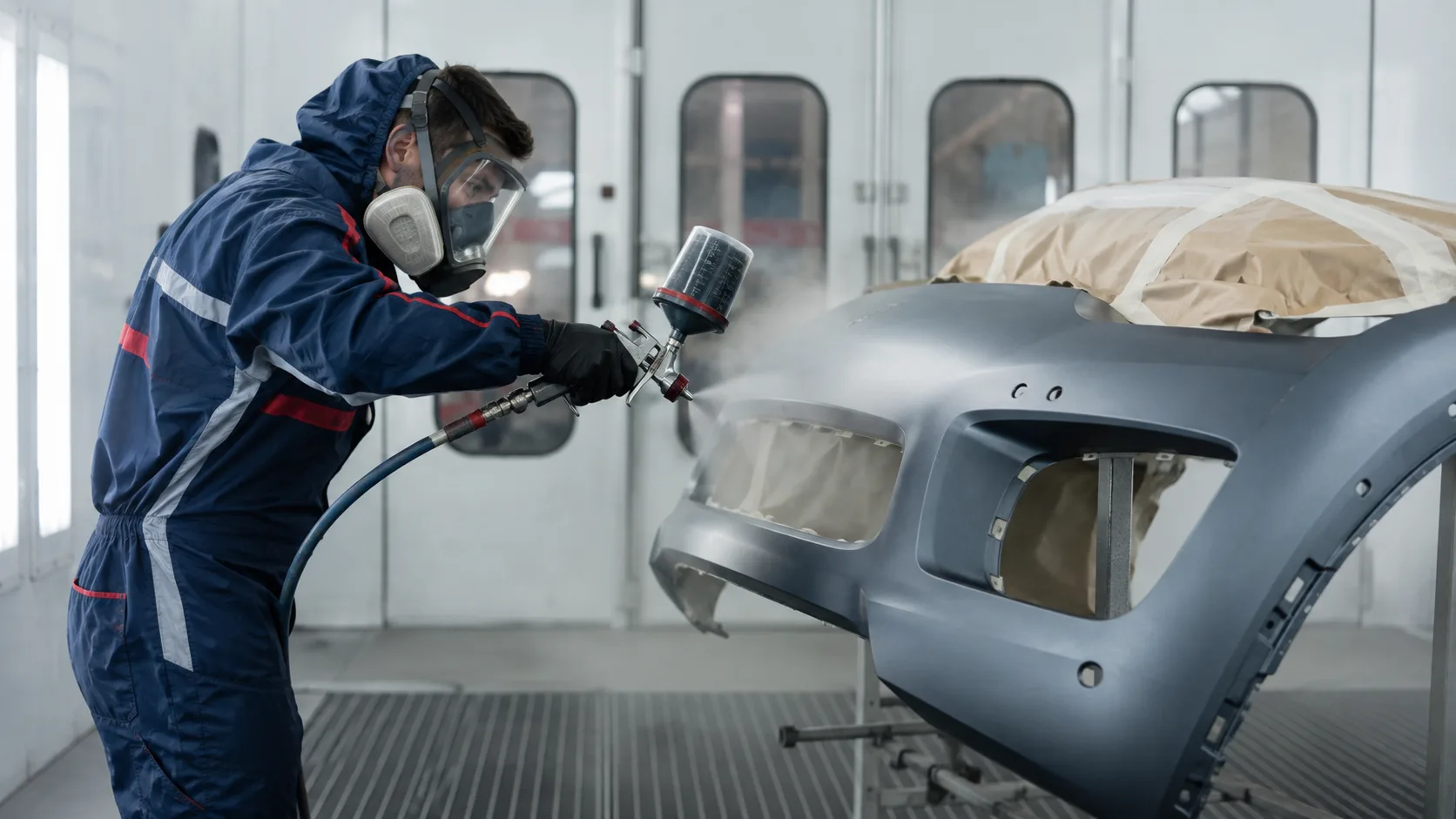 Bodyshop technician spray painting a vehicle bumper