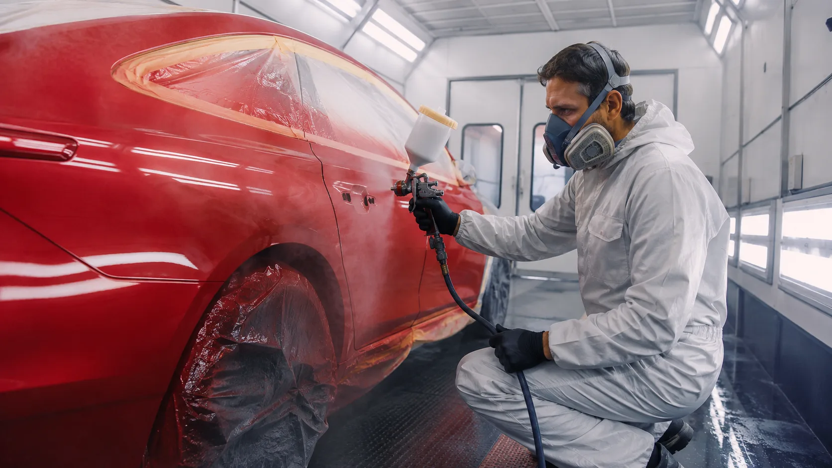 Professional accident repair refinishing inside a bodyshop